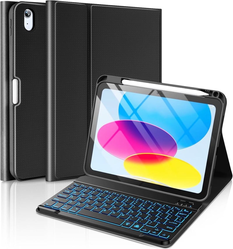 amzcase غطاء لجهاز iPad A16 الجيل 11 و10 مع لوحة مفاتيح (A16-2025، 2022)، إضاءة خلفية 7 ألوان، غطاء لوحة مفاتيح لجهاز iPad الجيل 11 و10 قابل للفصل، استيقاظ ذكي وحامل قلم، منتصف الليل - Image 1